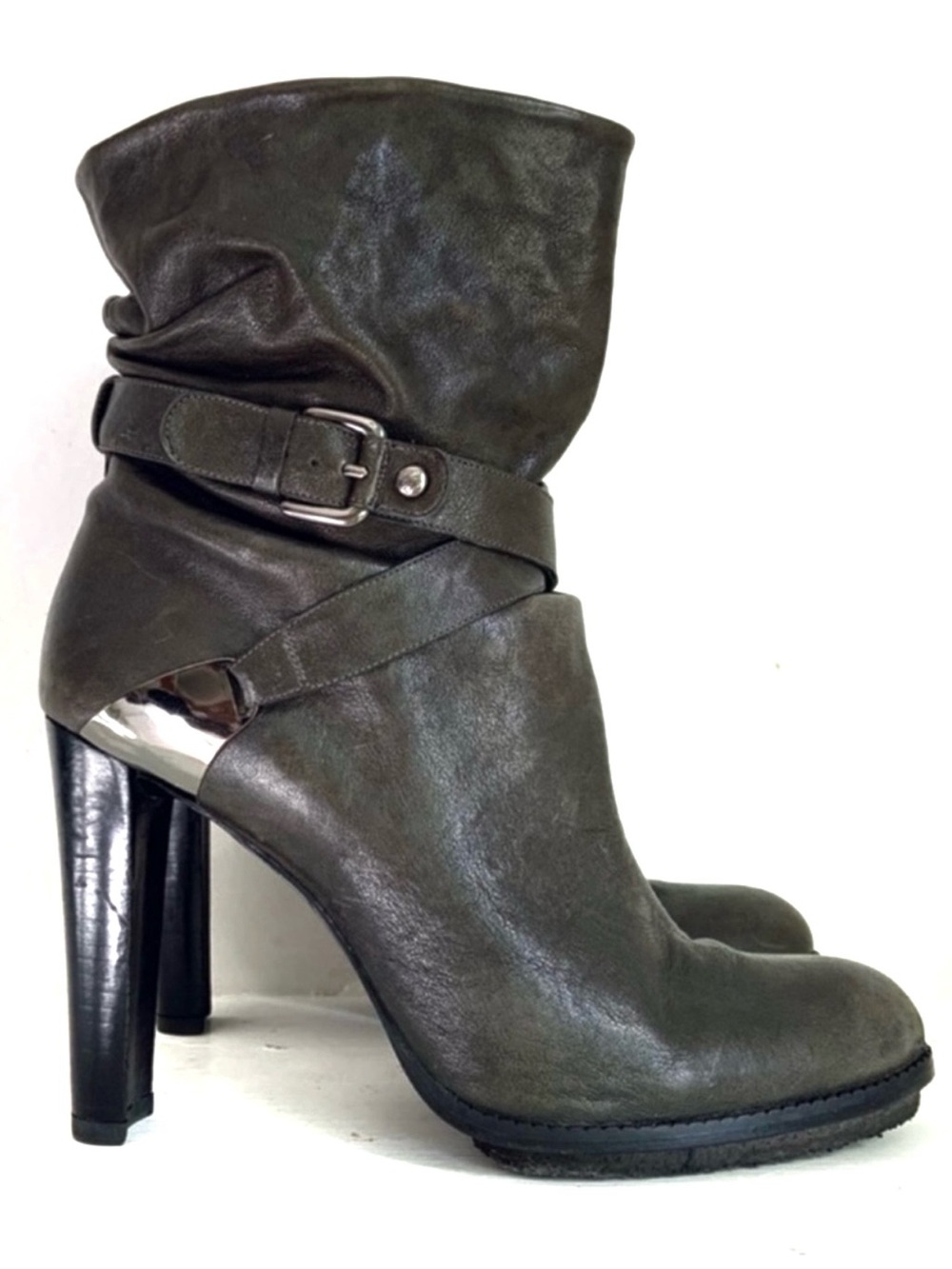 Stuart Weitzman Dale Bootie Slouchy Buckle Ankle Boots - Olive Gray Size 10 1/2